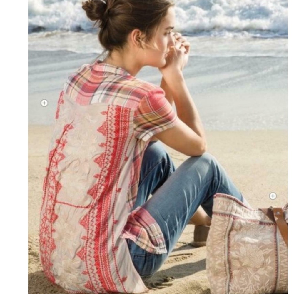 Johny Was Plaid Embroidered Western Top